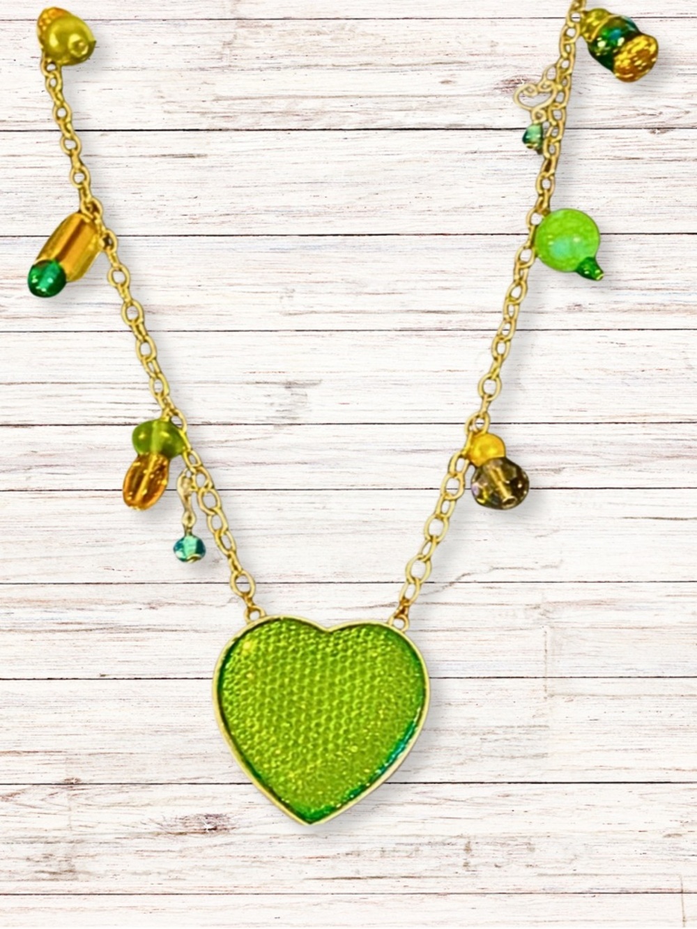 HANDCRAFTED NECKLACE Heart Pendant Textured Green Glass & Tiny Bead Charms